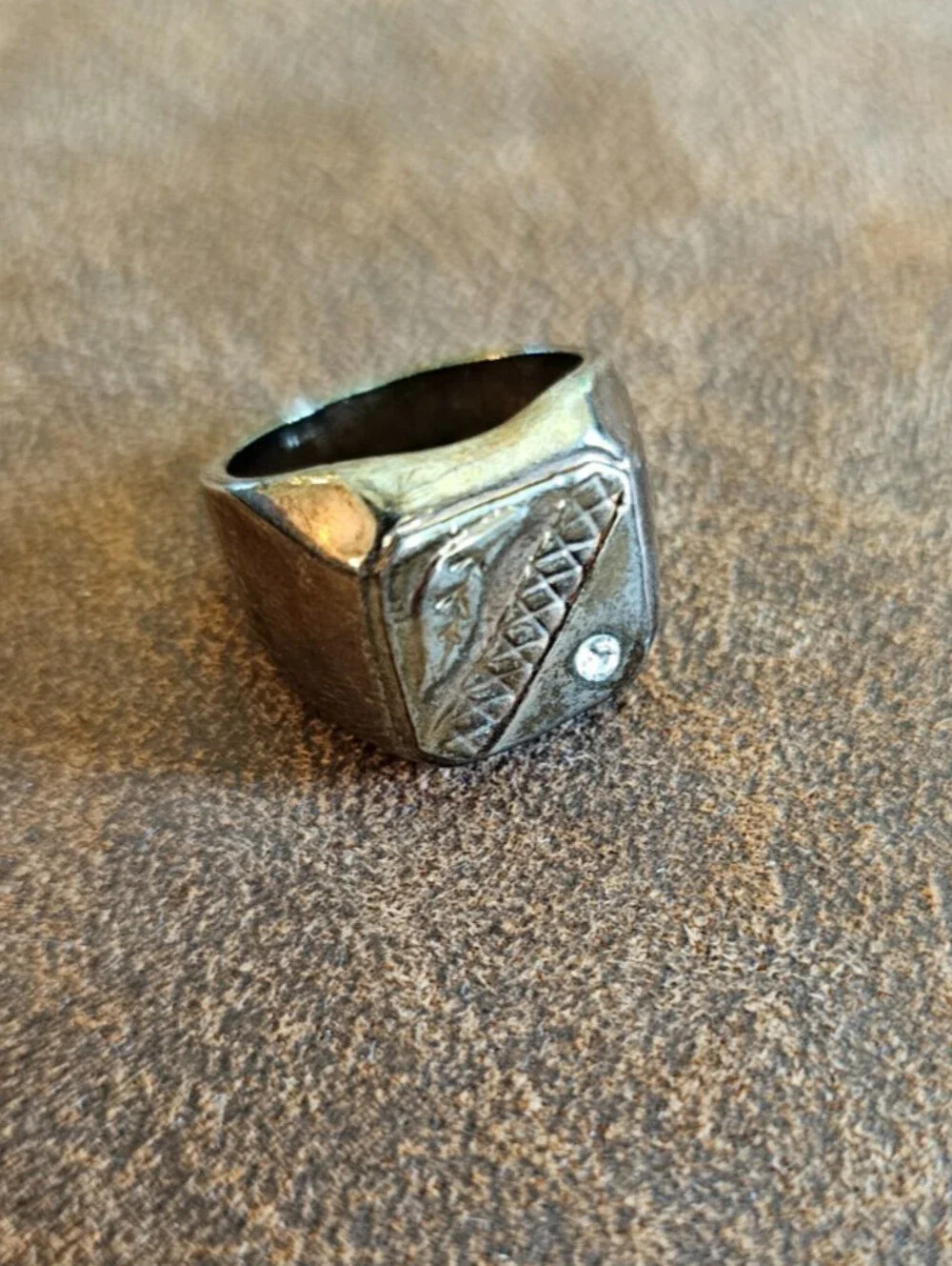 Vintage European Ukrainian silver tone signet ring Gold Tone 1960s w/ Zirconia